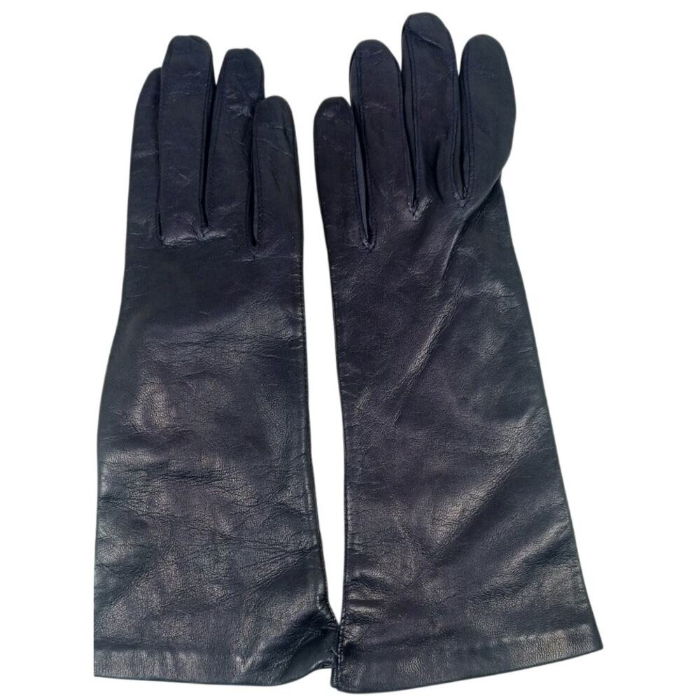 Vintage Made in Italy Dark Blue Leather Gloves with 100% Silk Lining, Size 7